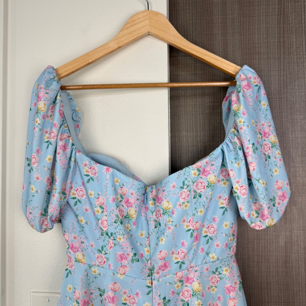 House of CB Blue Floral Aria Mini Sundress Puff Sleeve Size Medium - Picture 10 of 14